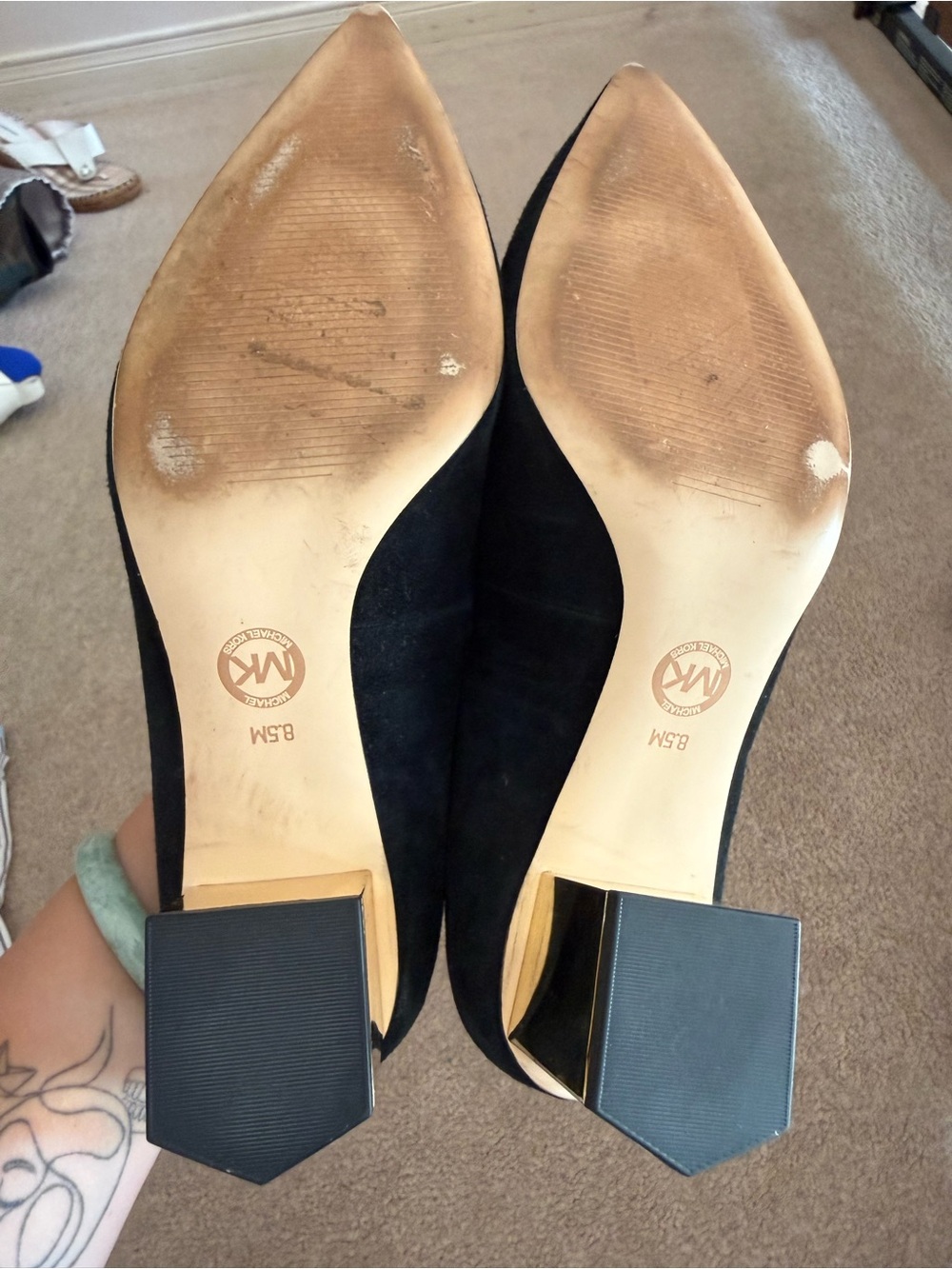 MICHAEL Michael Kors Black Suede Pumps with Gold Block Heel - Picture 4 of 5